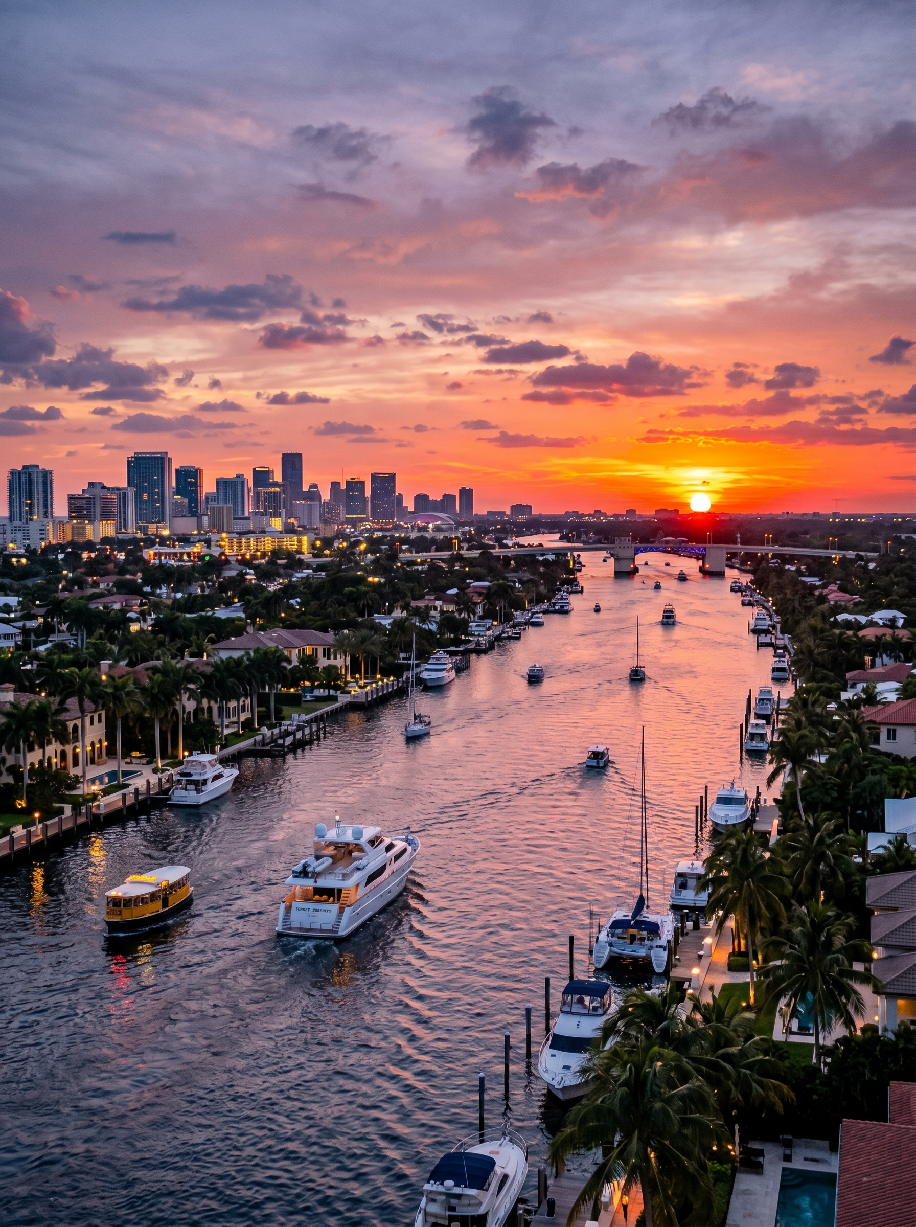 Fort Lauderdale Intracoastal Waterway and skyline at sunset